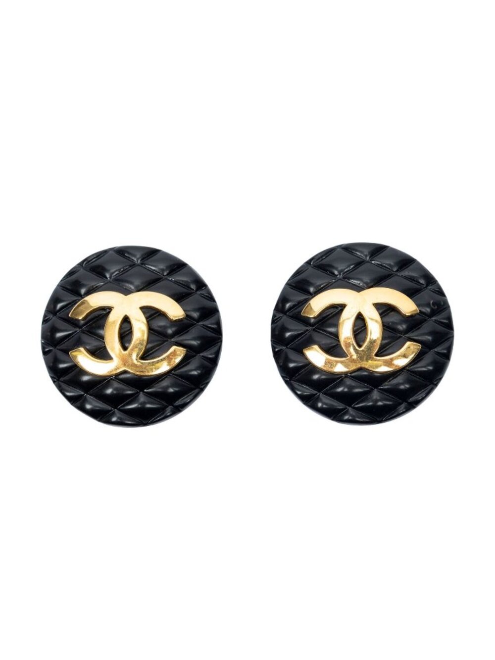 Chanel CC Enamel Quilted Round Clip on Earrings Black Gold Plated